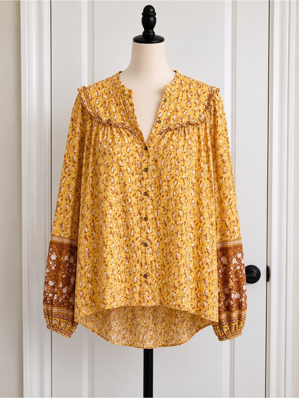 Joie Mustard Floral Button-Up Peasant Blouse